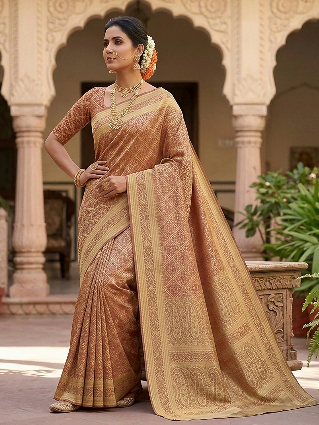 Tussar-Beige Satin Woven Saree
