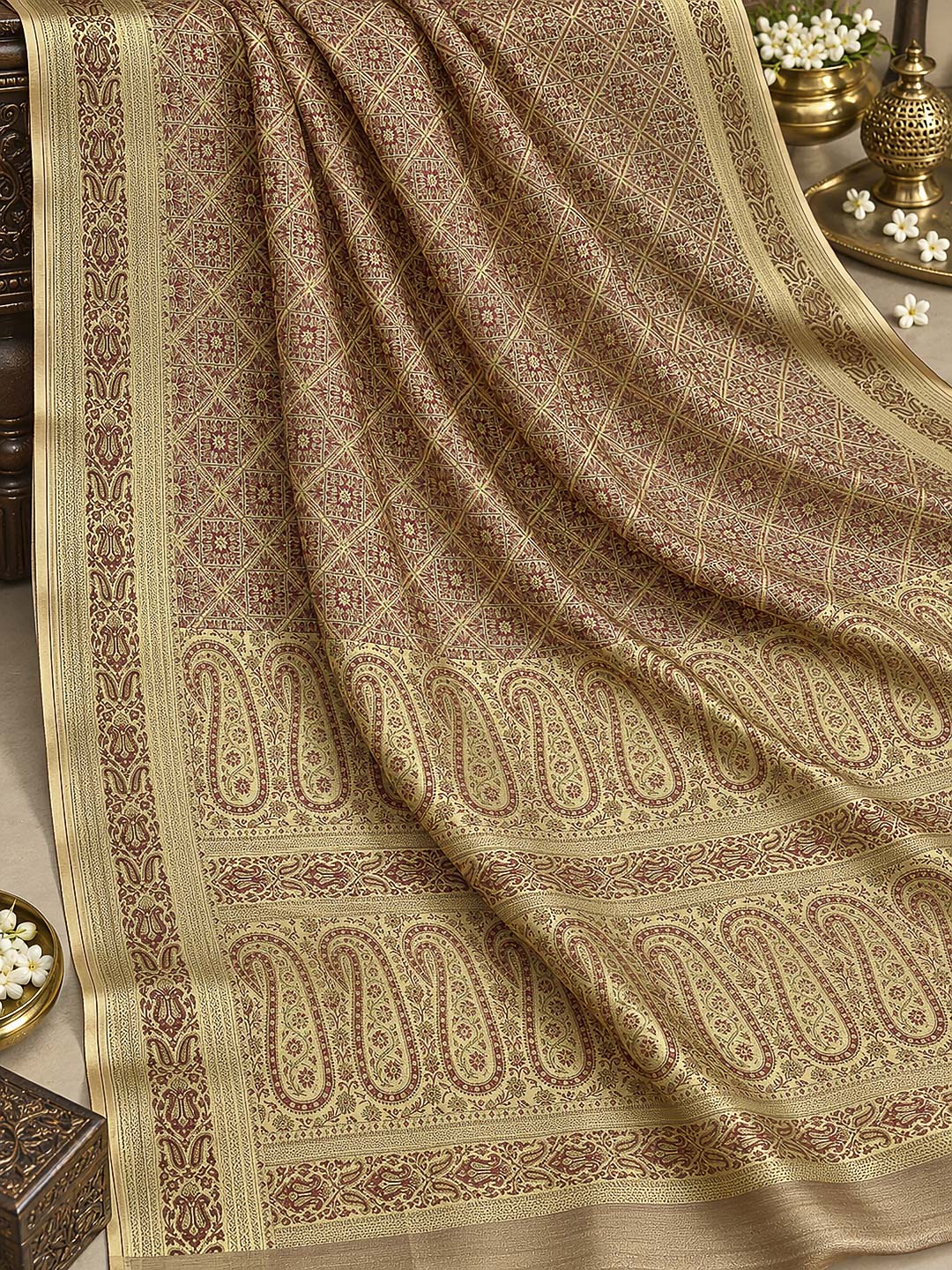 Tussar-Beige Satin Woven Saree
