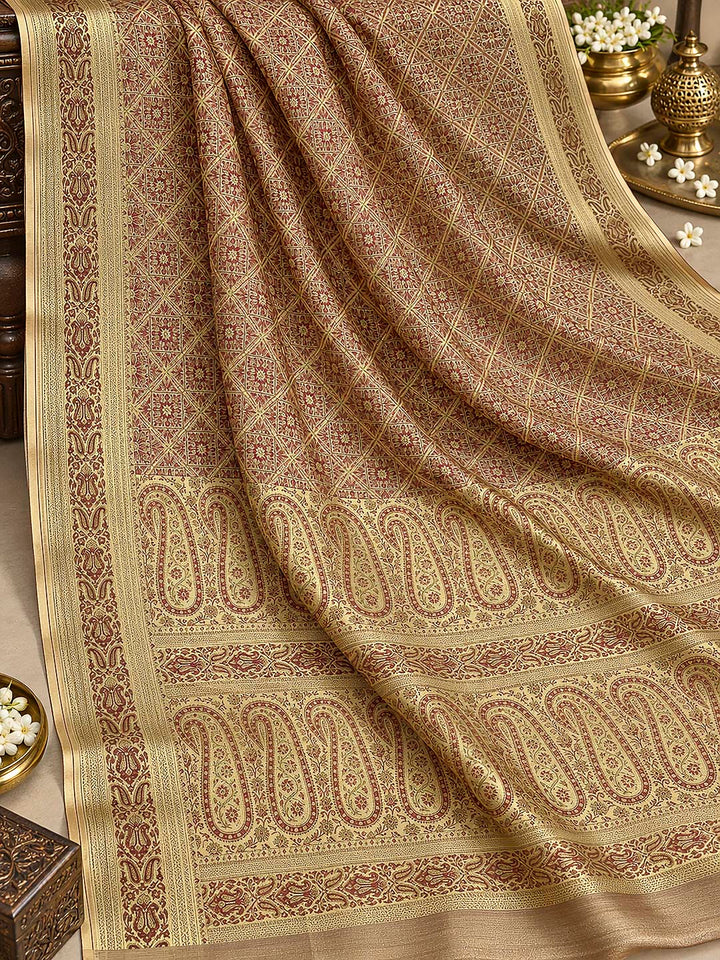 Tussar-Beige Satin Woven Saree