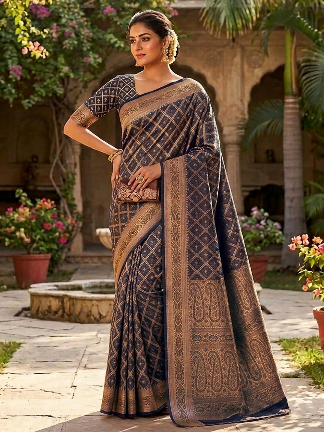 Navy-Blue Satin Woven Saree