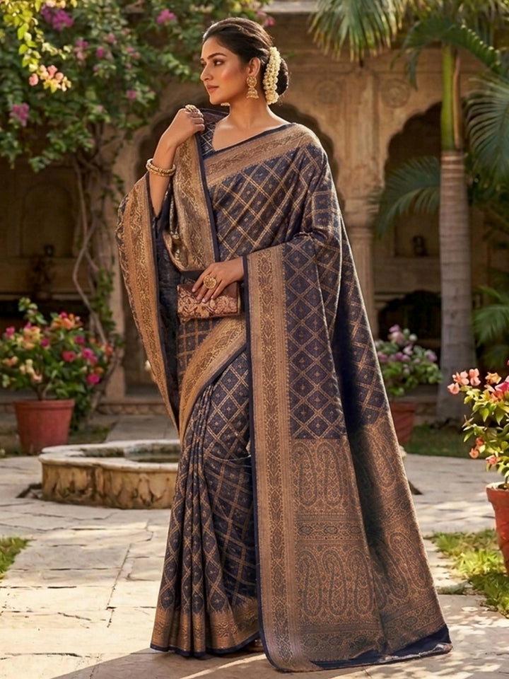 Navy-Blue Satin Woven Saree