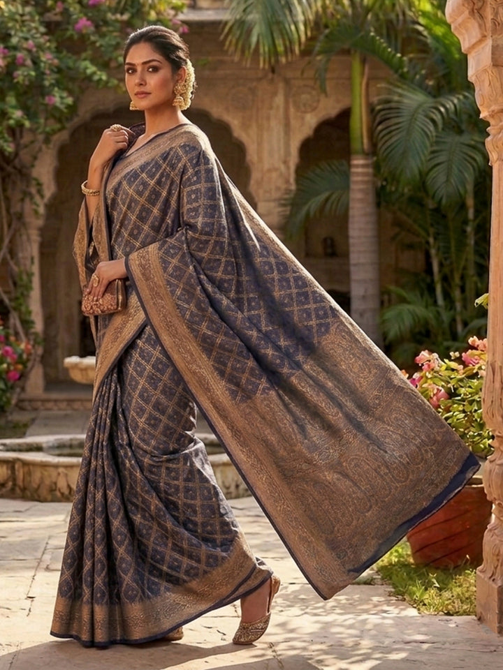 Navy-Blue Satin Woven Saree
