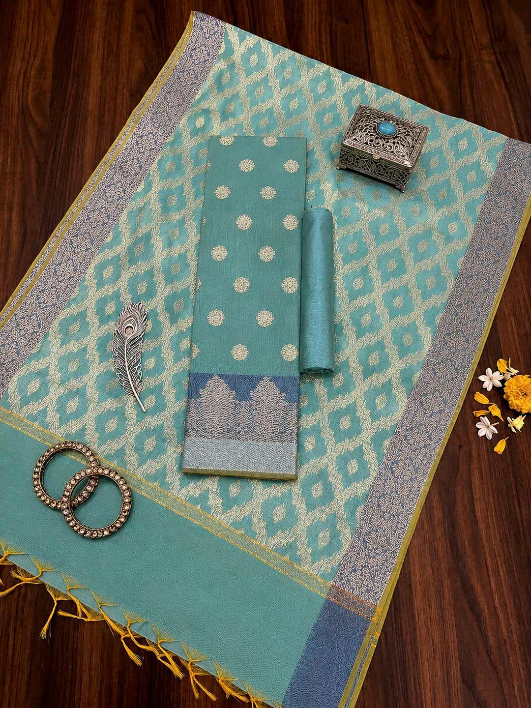 Sea Green Printed Chanderi Unstitched Dress Material