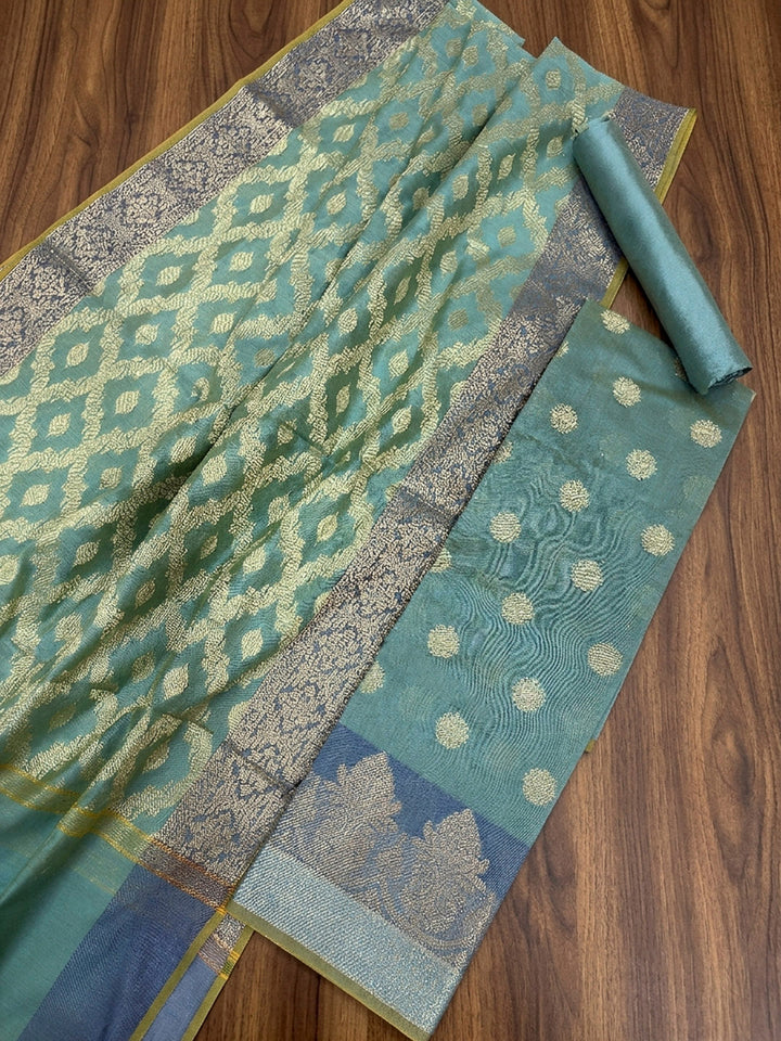 Sea Green Printed Chanderi Unstitched Dress Material