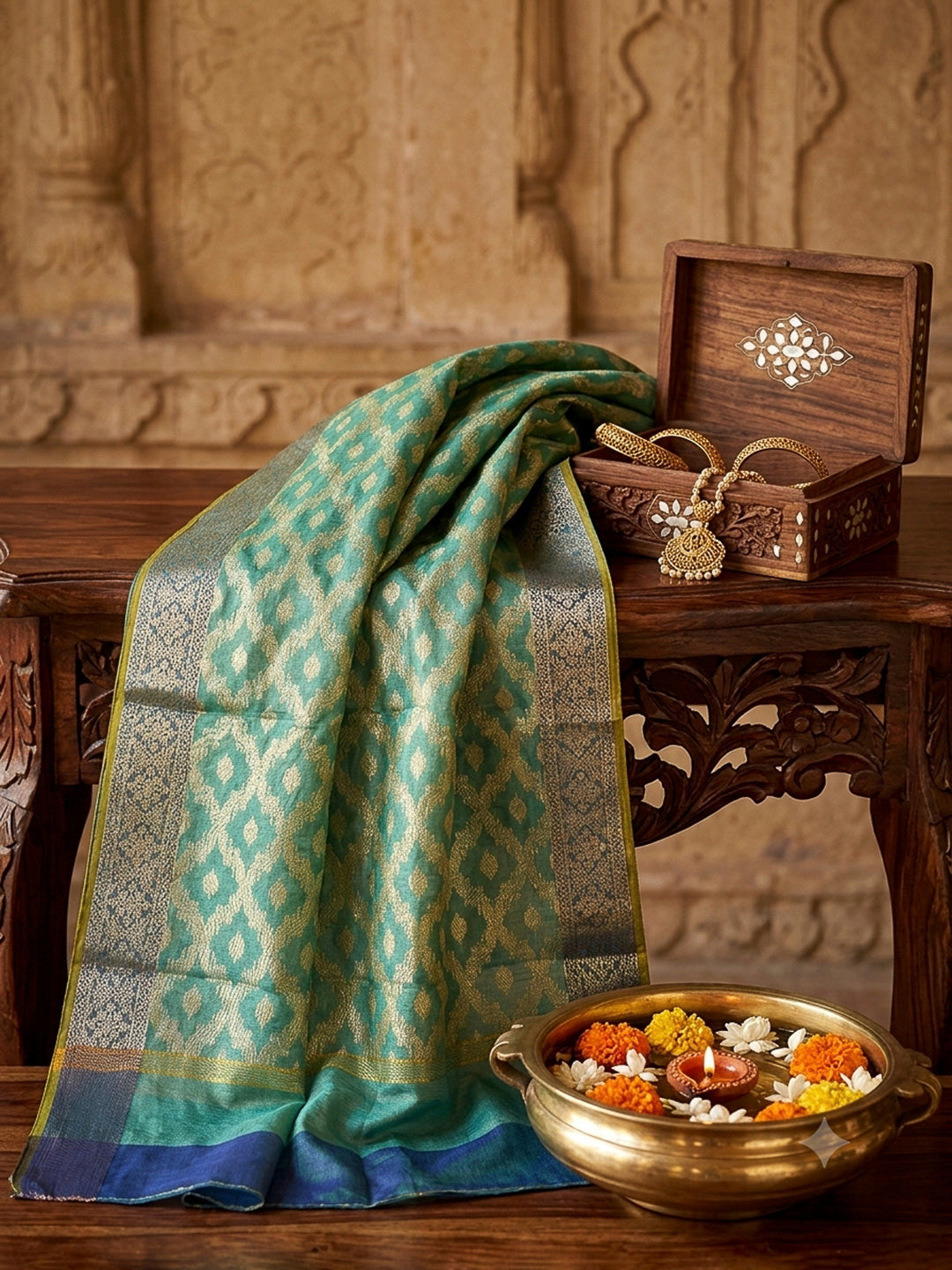 Sea Green Printed Chanderi Unstitched Dress Material