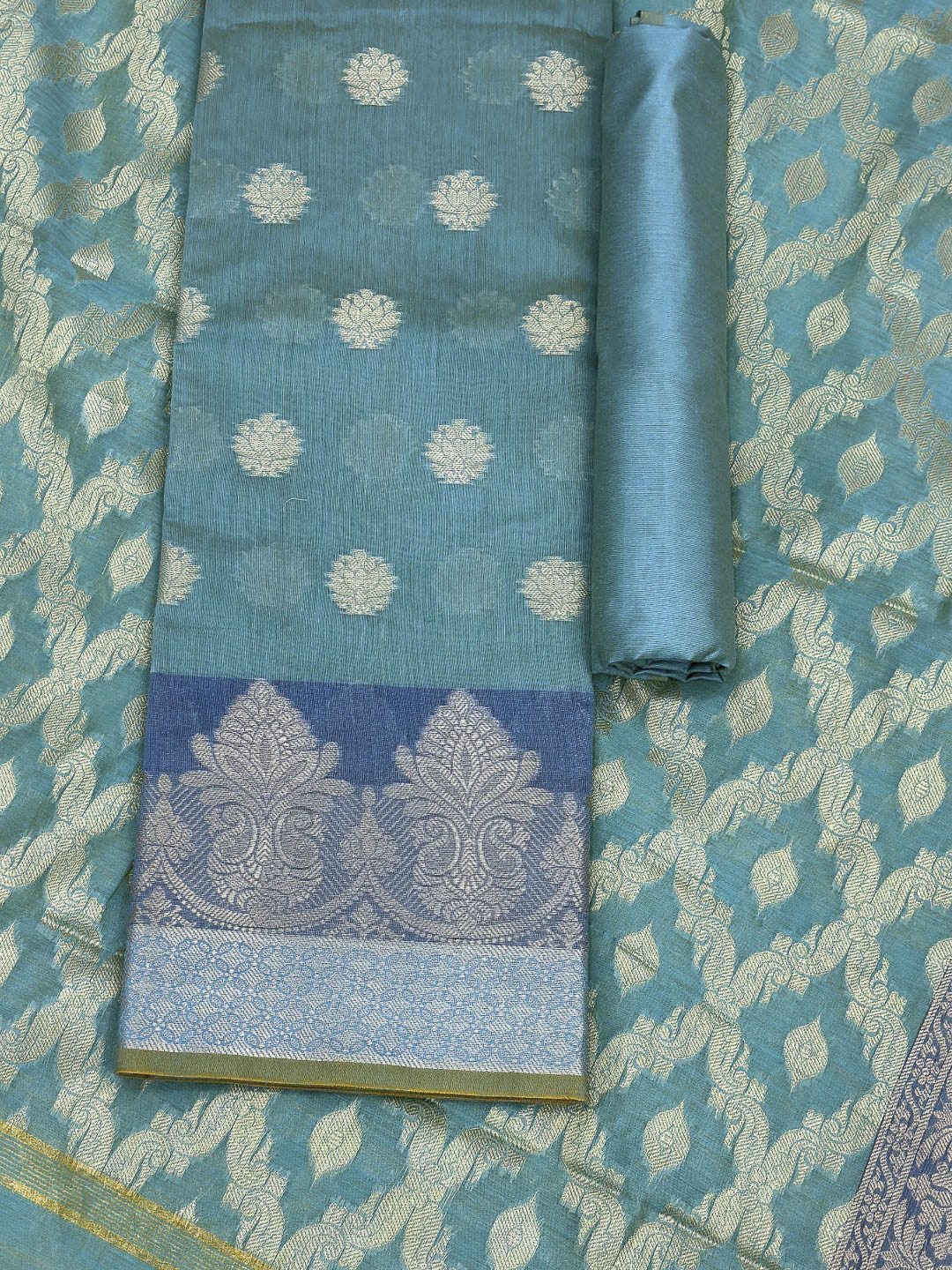 Sea Green Printed Chanderi Unstitched Dress Material