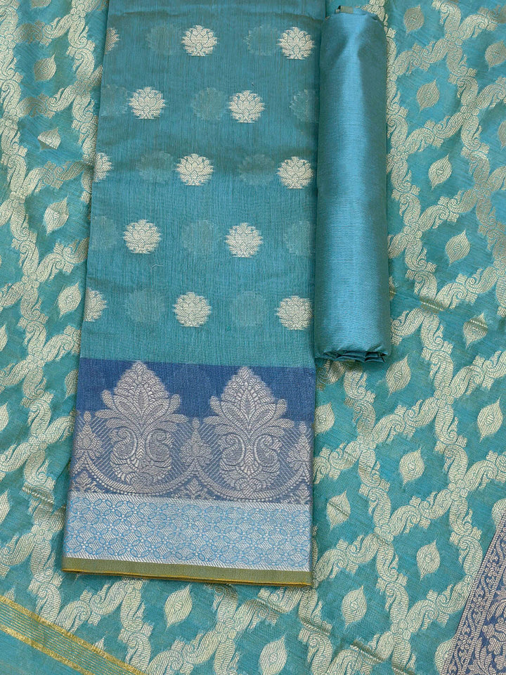 Sea Green Printed Chanderi Unstitched Dress Material