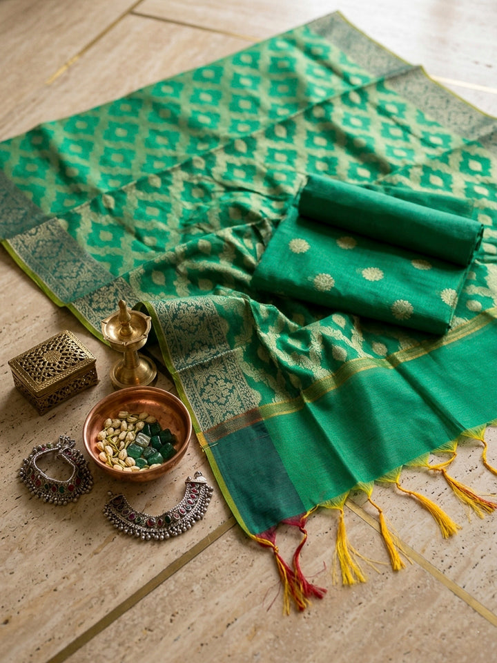 Green Printed Chanderi Unstitched Dress Material