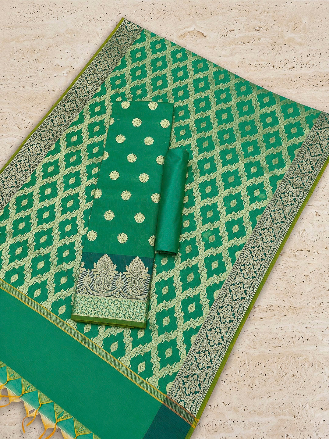 Green Printed Chanderi Unstitched Dress Material