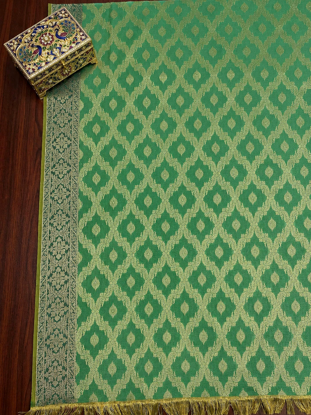 Green Printed Chanderi Unstitched Dress Material
