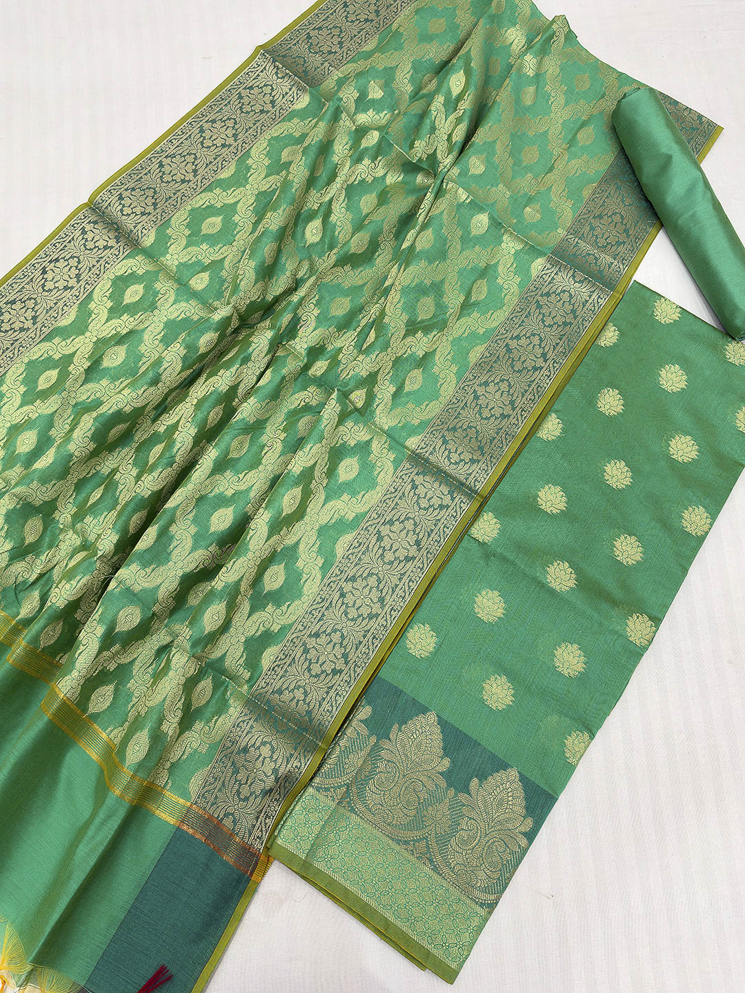 Green Printed Chanderi Unstitched Dress Material