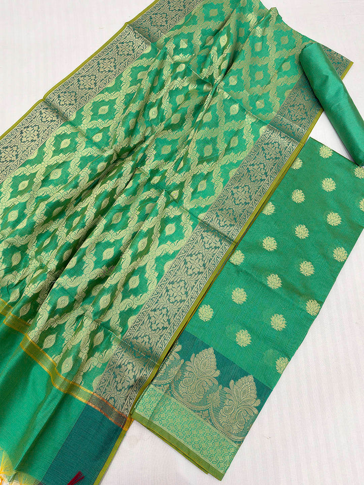Green Printed Chanderi Unstitched Dress Material