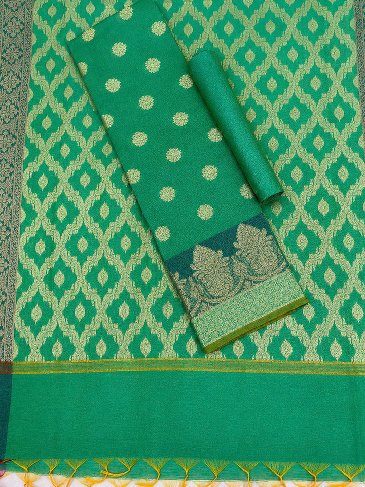 Green Printed Chanderi Unstitched Dress Material