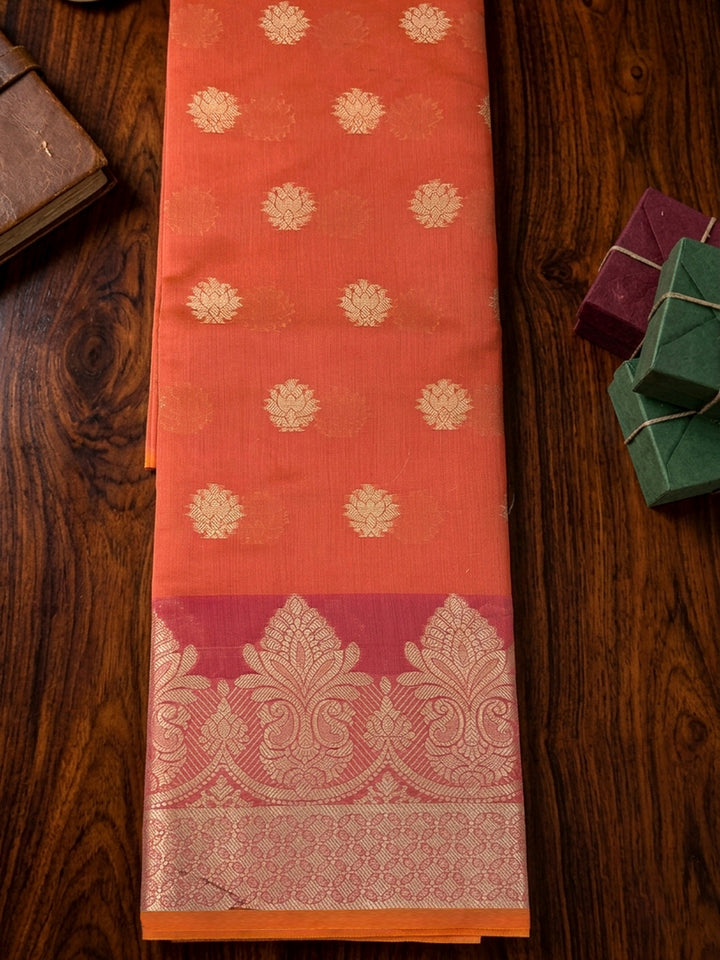 Orange Printed Chanderi Unstitched Dress Material