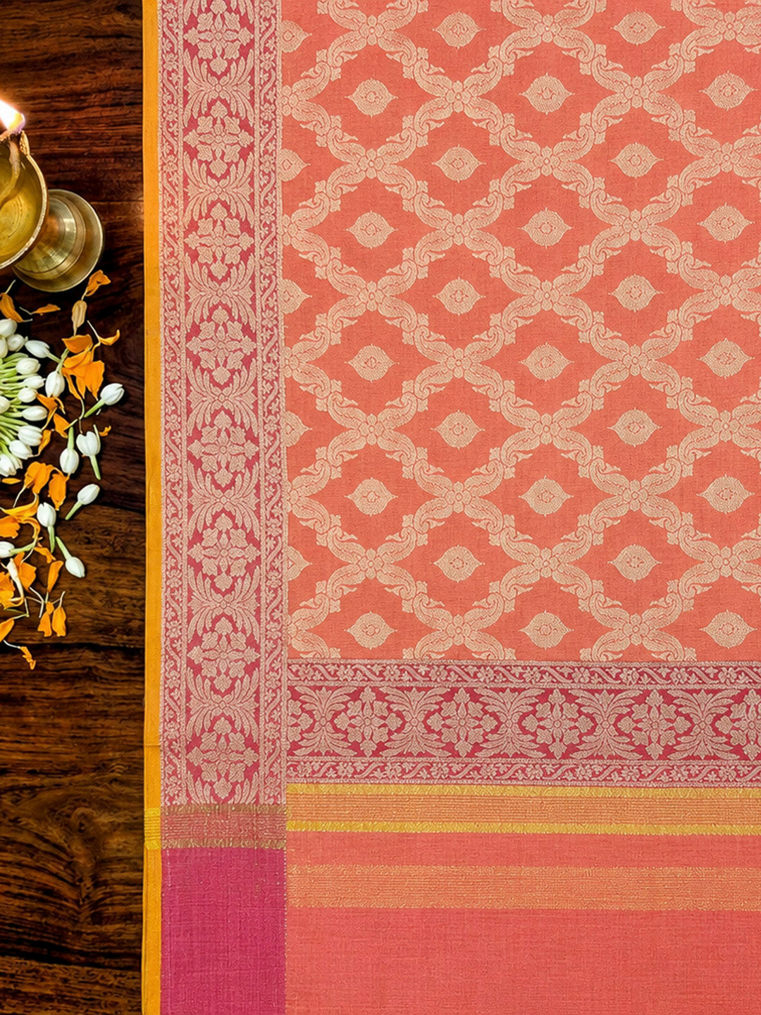 Orange Printed Chanderi Unstitched Dress Material