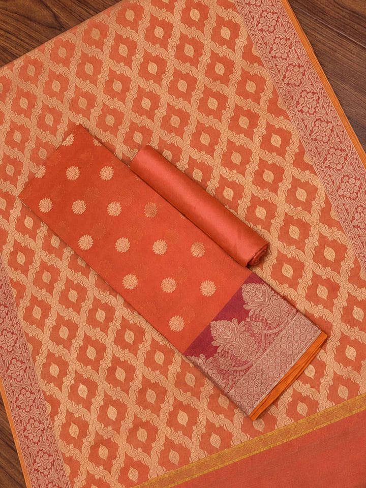 Orange Printed Chanderi Unstitched Dress Material