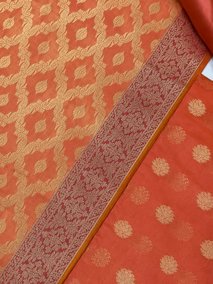 Orange Printed Chanderi Unstitched Dress Material