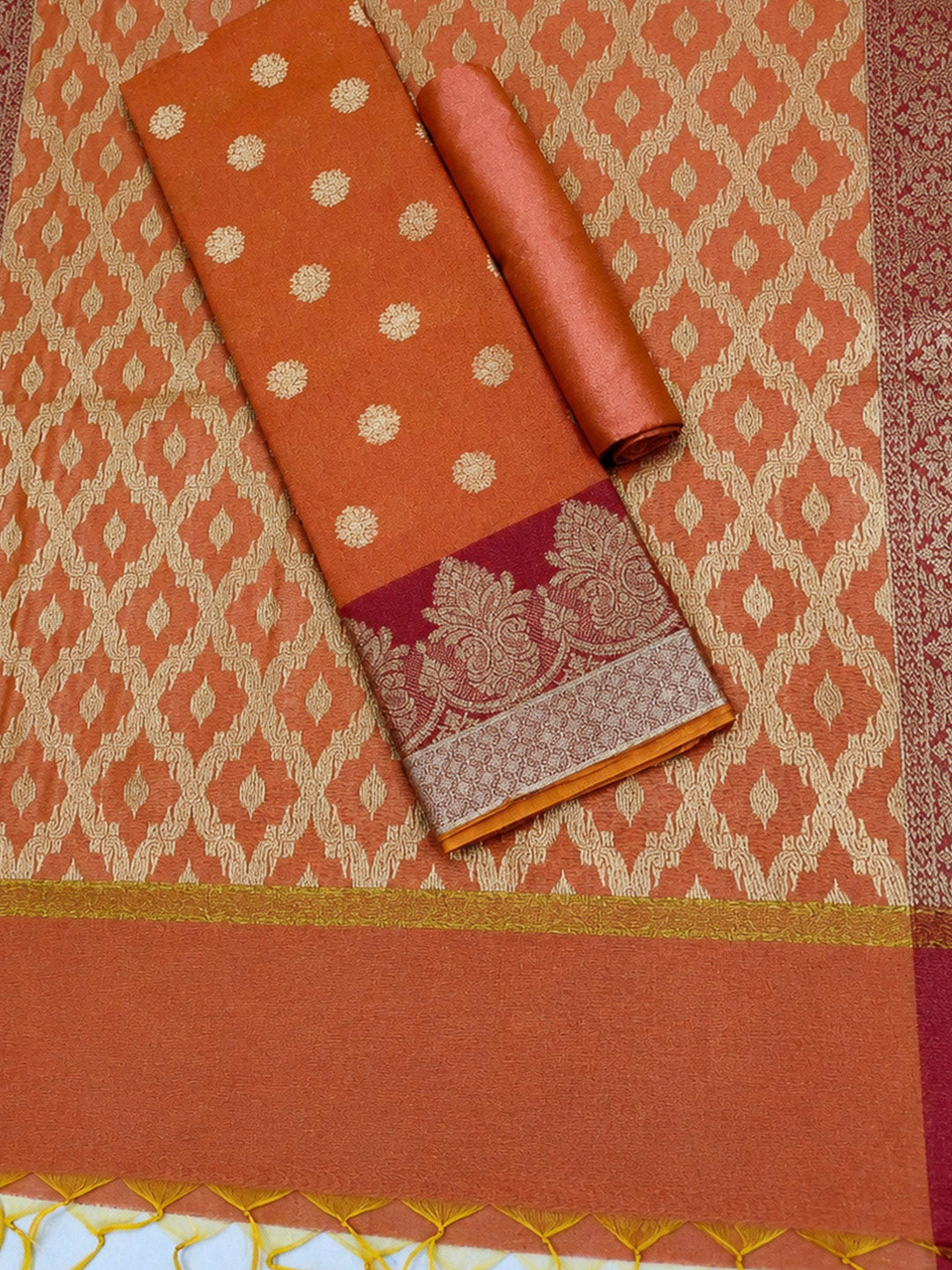 Orange Printed Chanderi Unstitched Dress Material