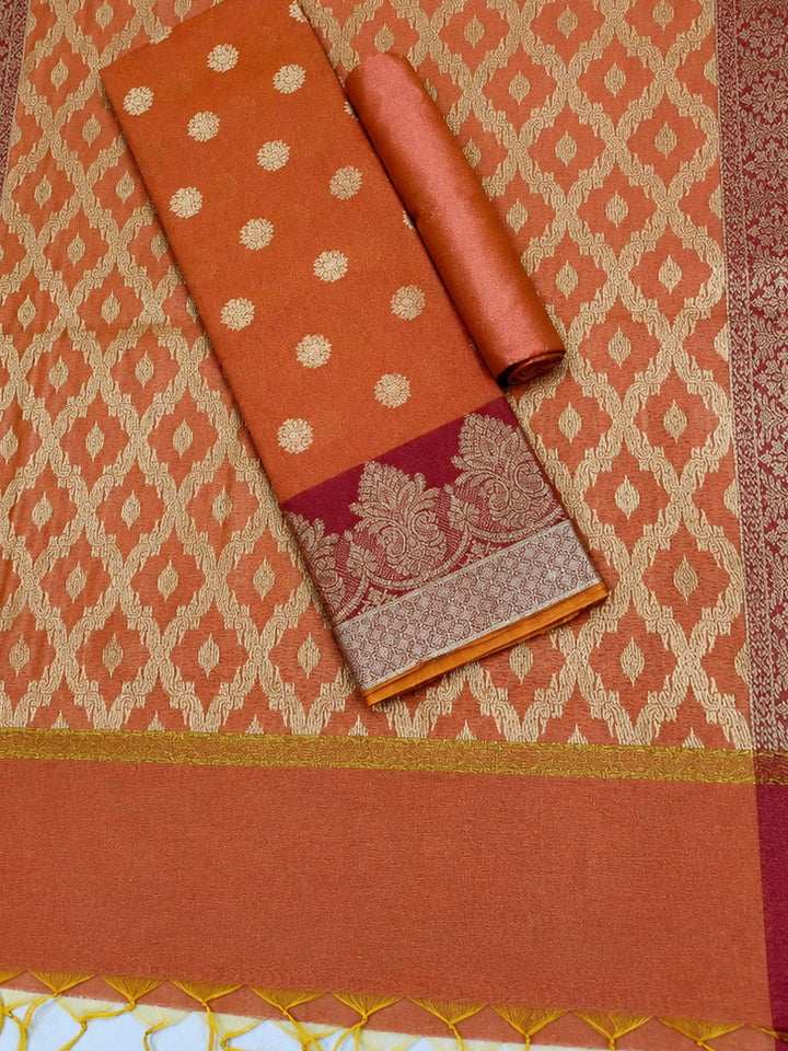 Orange Printed Chanderi Unstitched Dress Material