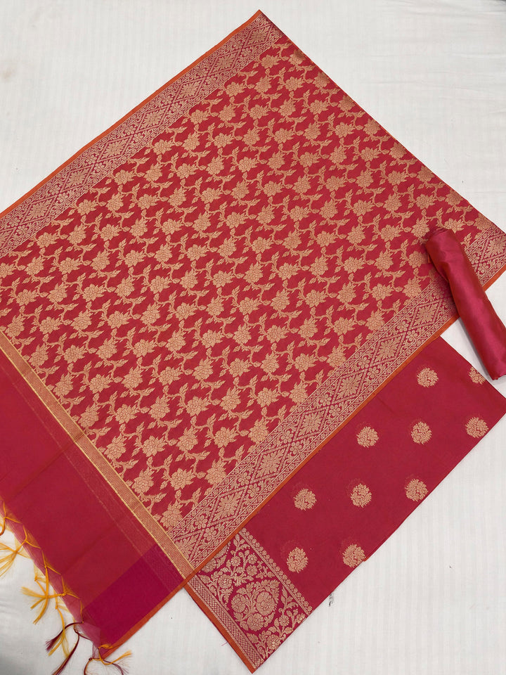 Red Printed Chanderi Unstitched Dress Material