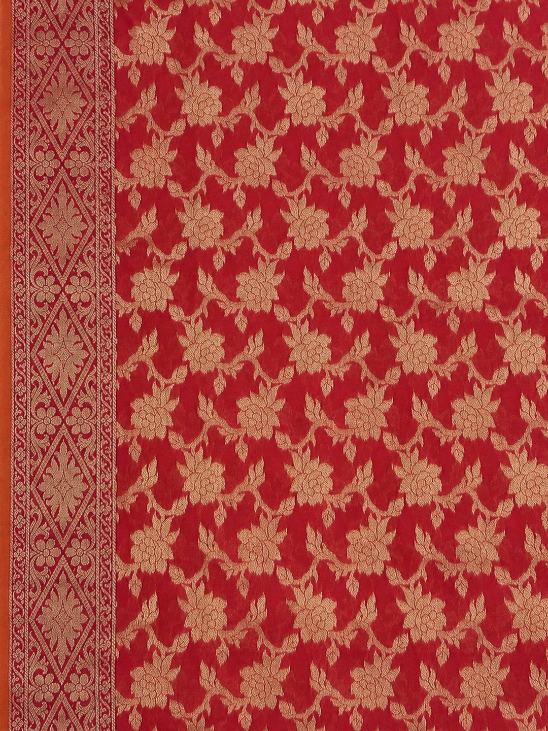 Red Printed Chanderi Unstitched Dress Material