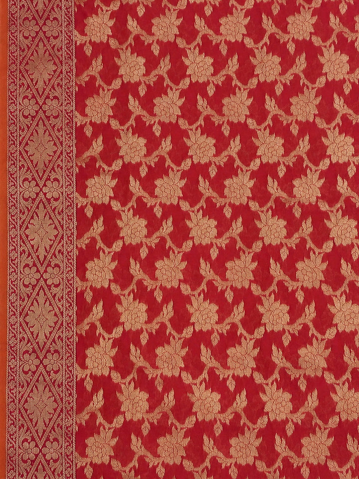 Red Printed Chanderi Unstitched Dress Material