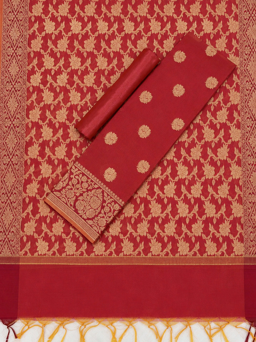 Red Printed Chanderi Unstitched Dress Material