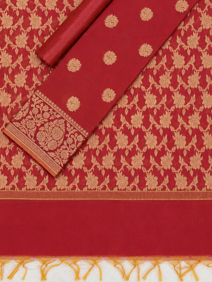 Red Printed Chanderi Unstitched Dress Material