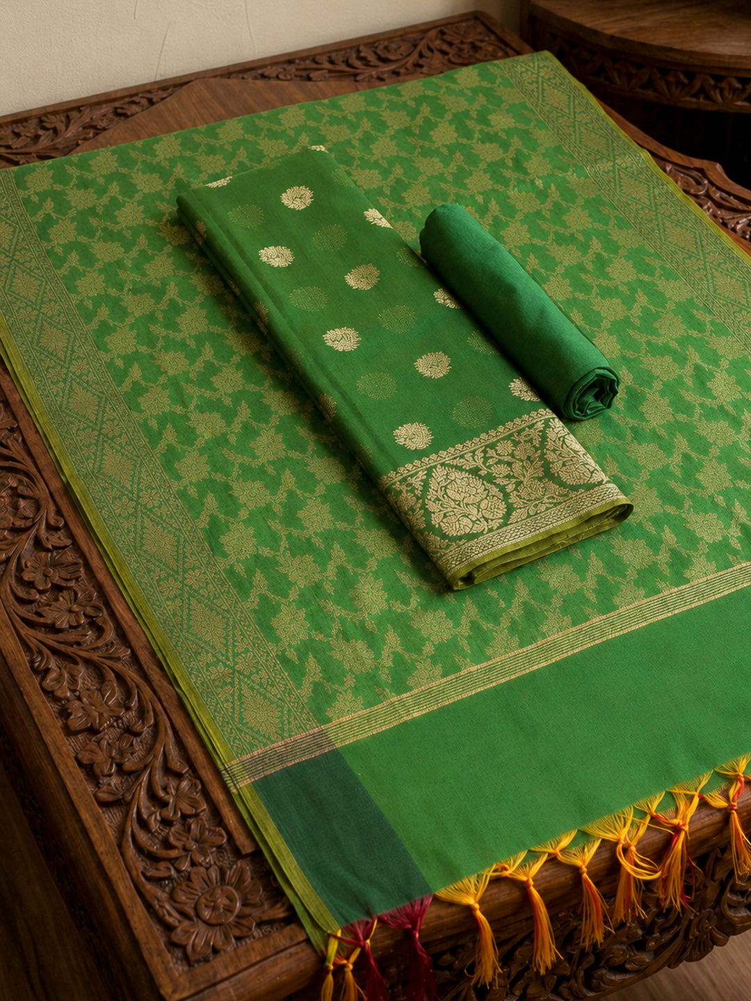 Sea Green Printed Chanderi Unstitched Dress Material
