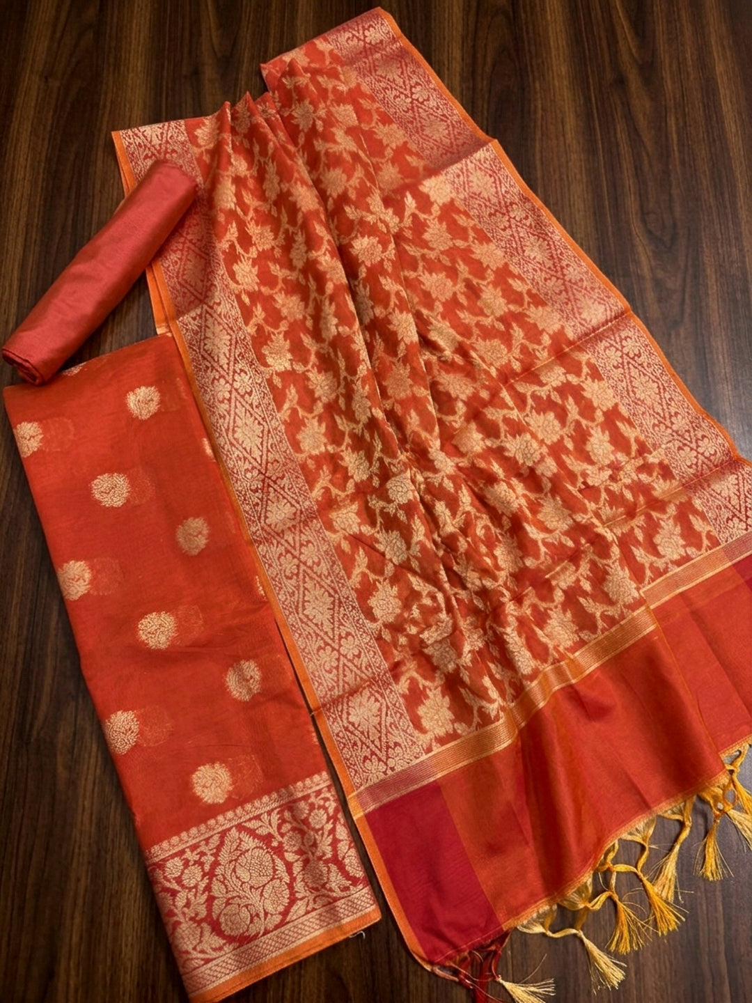 Orange Printed Chanderi Unstitched Dress Material