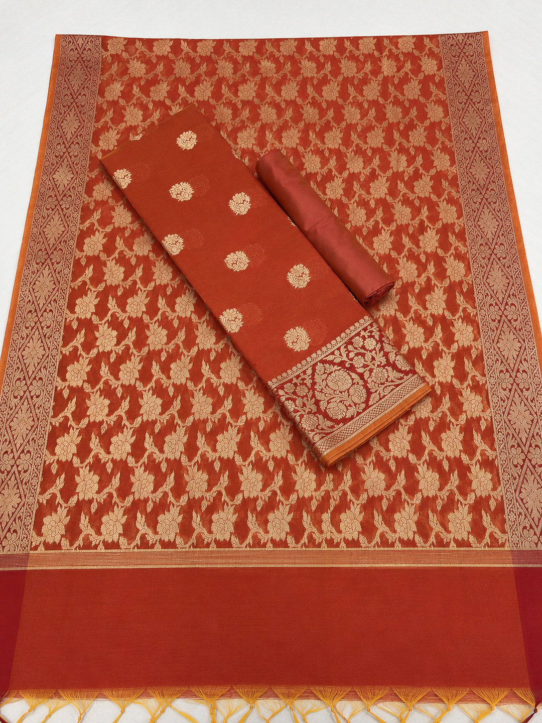 Orange Printed Chanderi Unstitched Dress Material