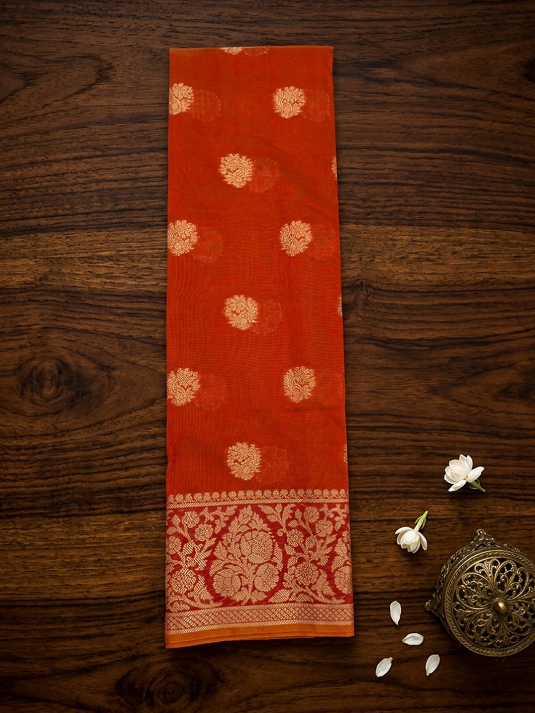Orange Printed Chanderi Unstitched Dress Material