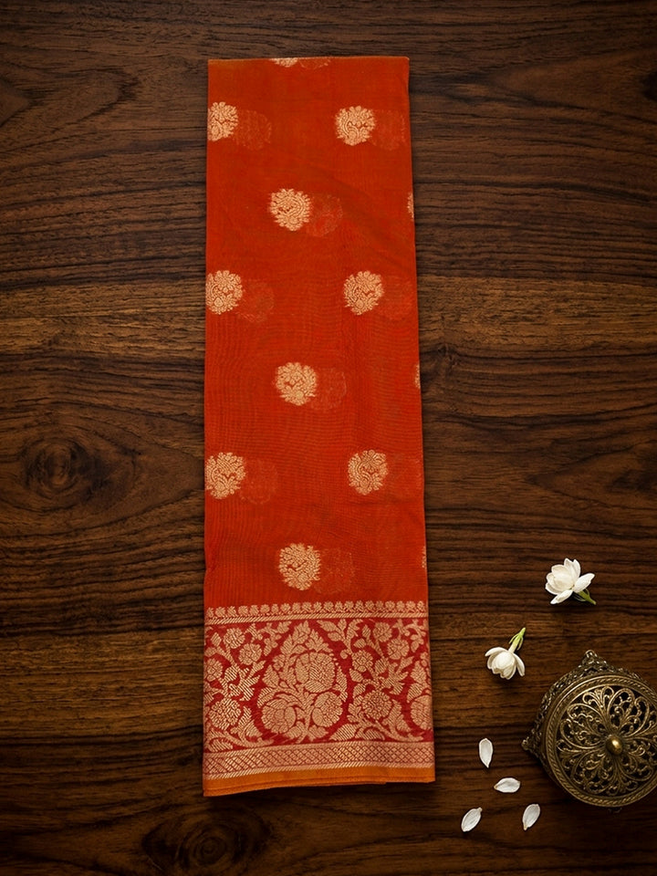 Orange Printed Chanderi Unstitched Dress Material