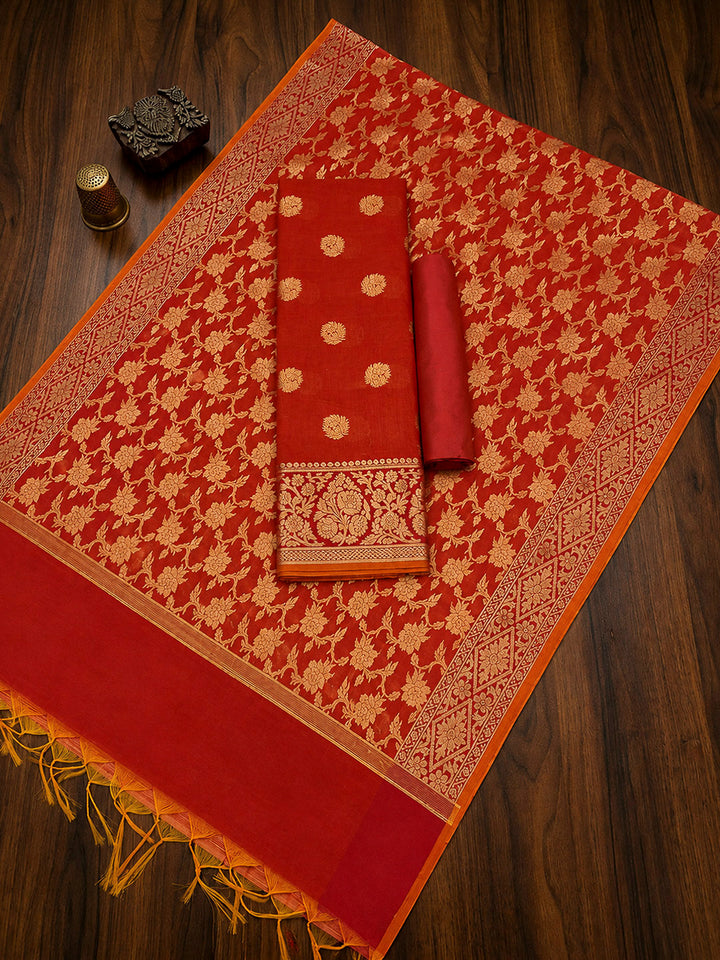 Orange Printed Chanderi Unstitched Dress Material