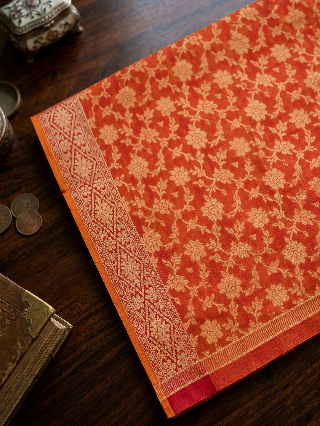 Orange Printed Chanderi Unstitched Dress Material
