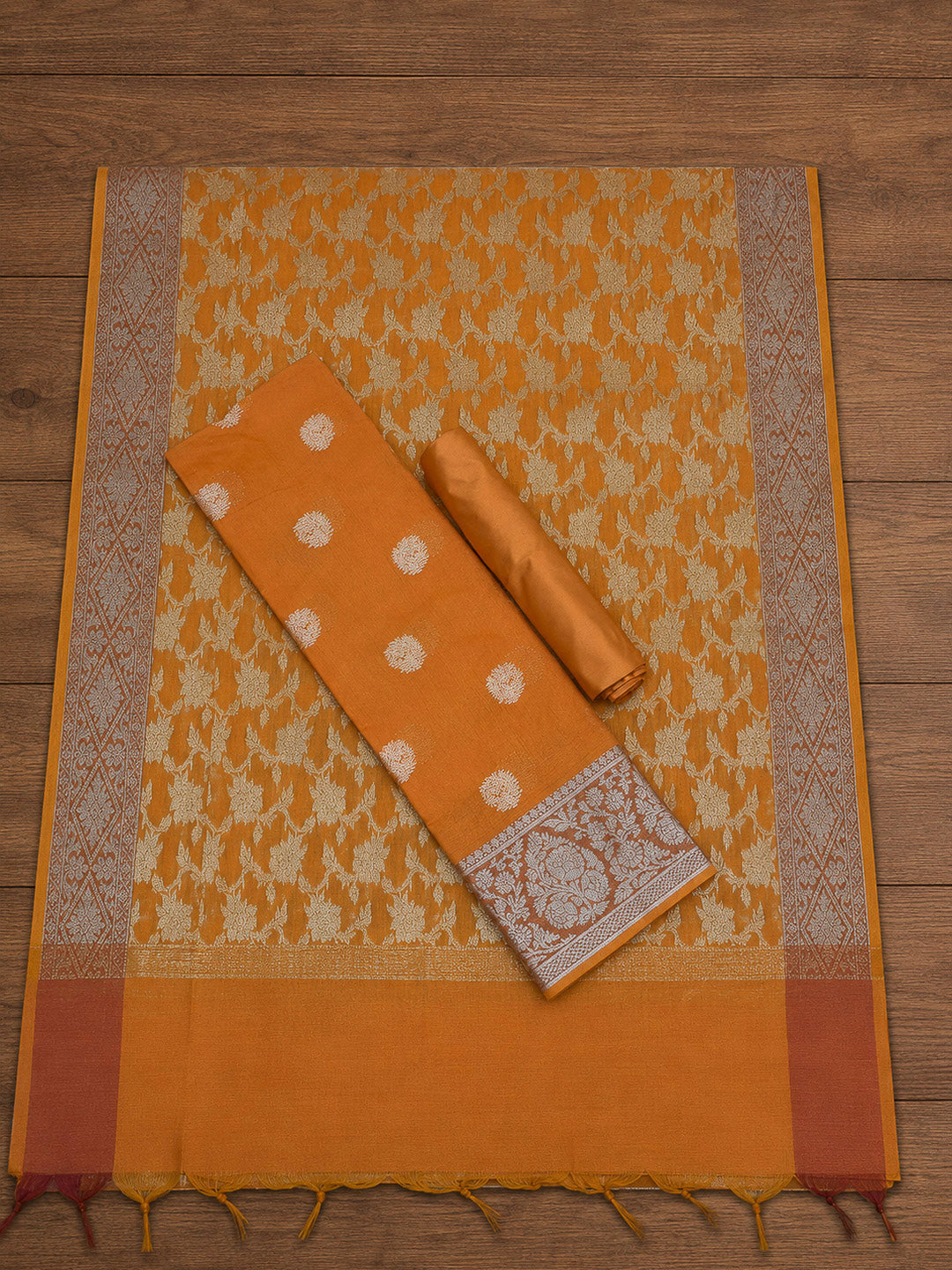 Orange Printed Chanderi Unstitched Dress Material