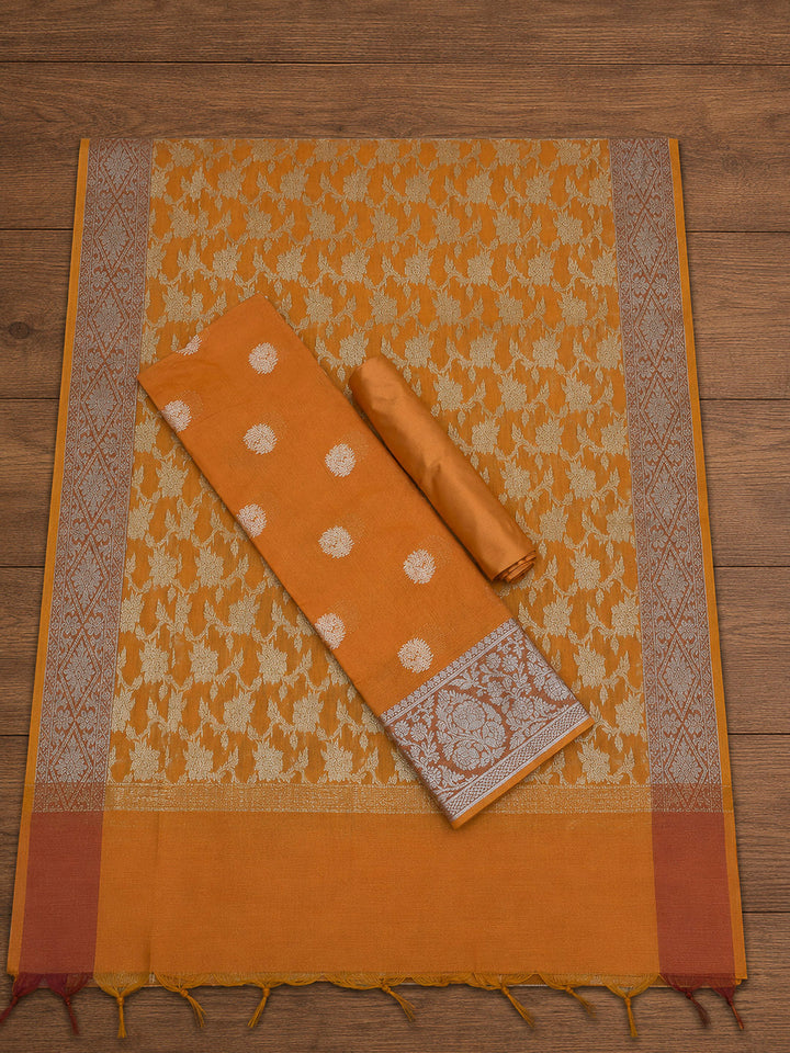 Orange Printed Chanderi Unstitched Dress Material