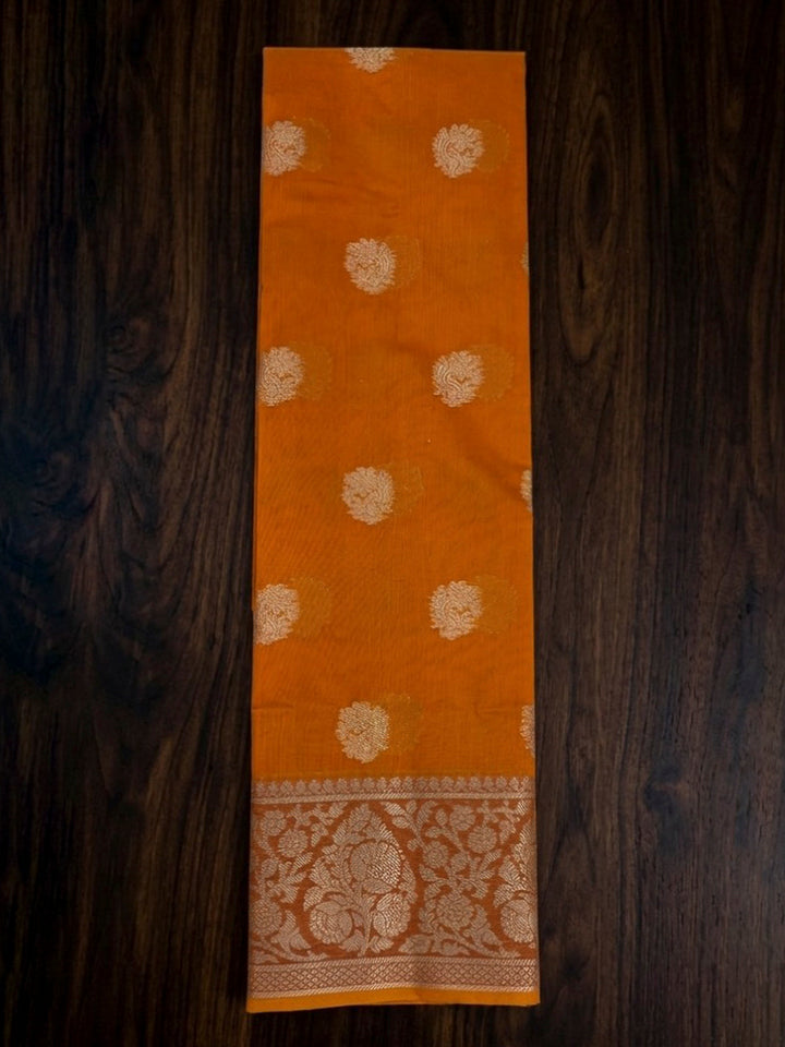 Orange Printed Chanderi Unstitched Dress Material