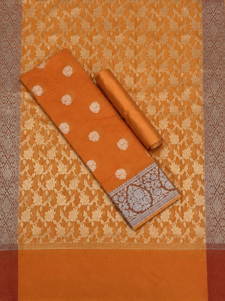 Orange Printed Chanderi Unstitched Dress Material