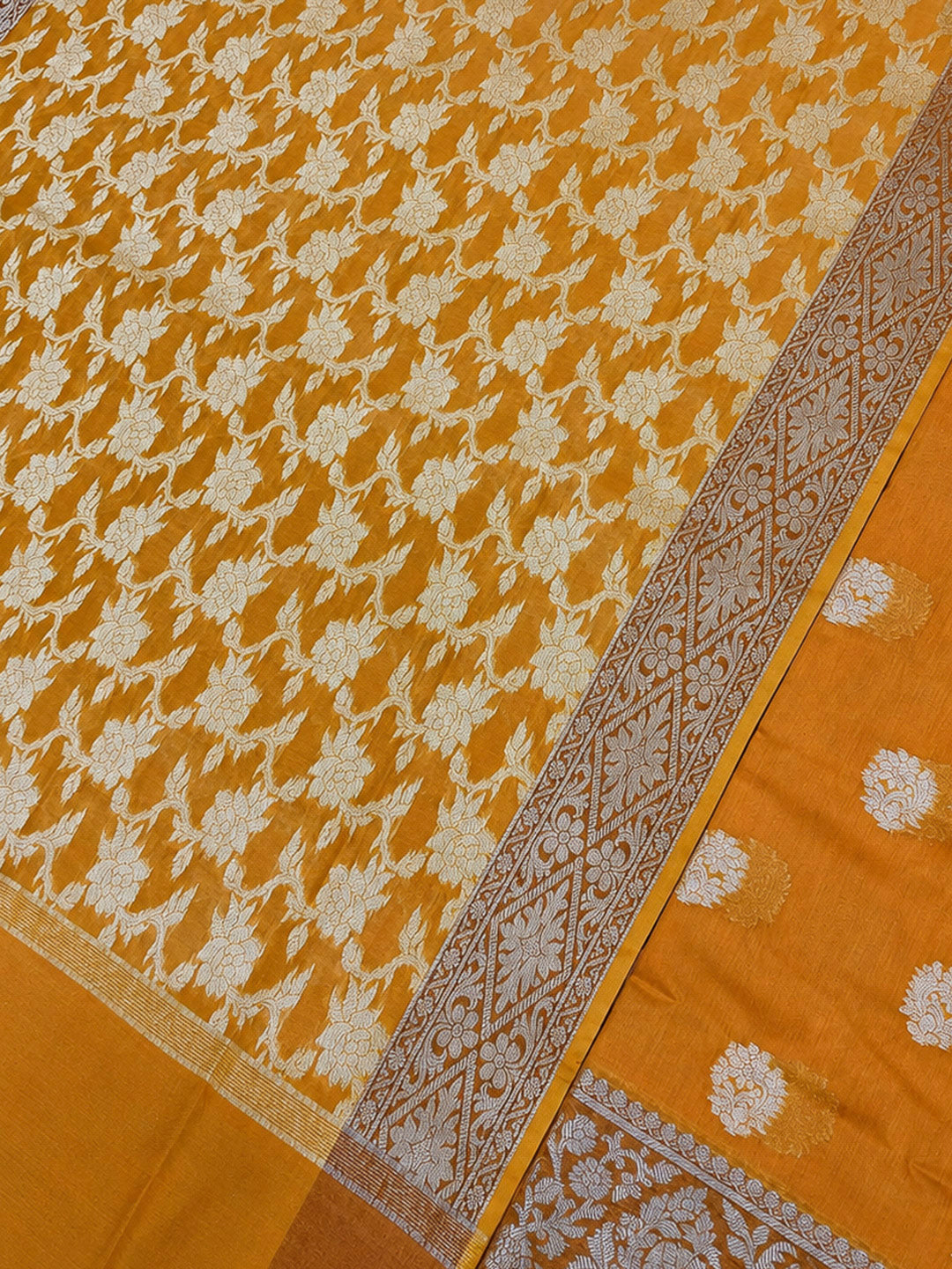 Orange Printed Chanderi Unstitched Dress Material