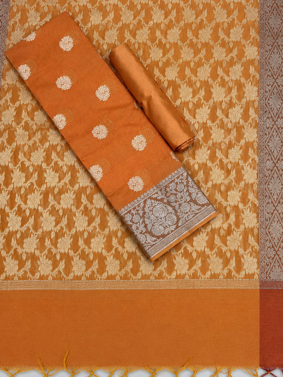 Orange Printed Chanderi Unstitched Dress Material