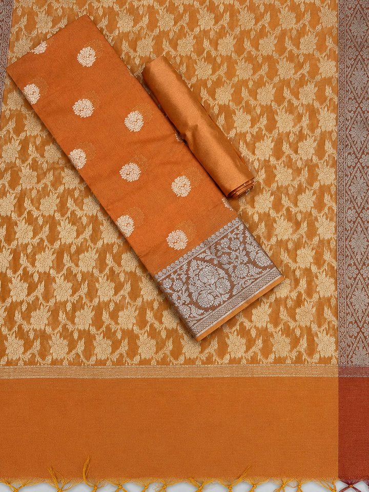Orange Printed Chanderi Unstitched Dress Material