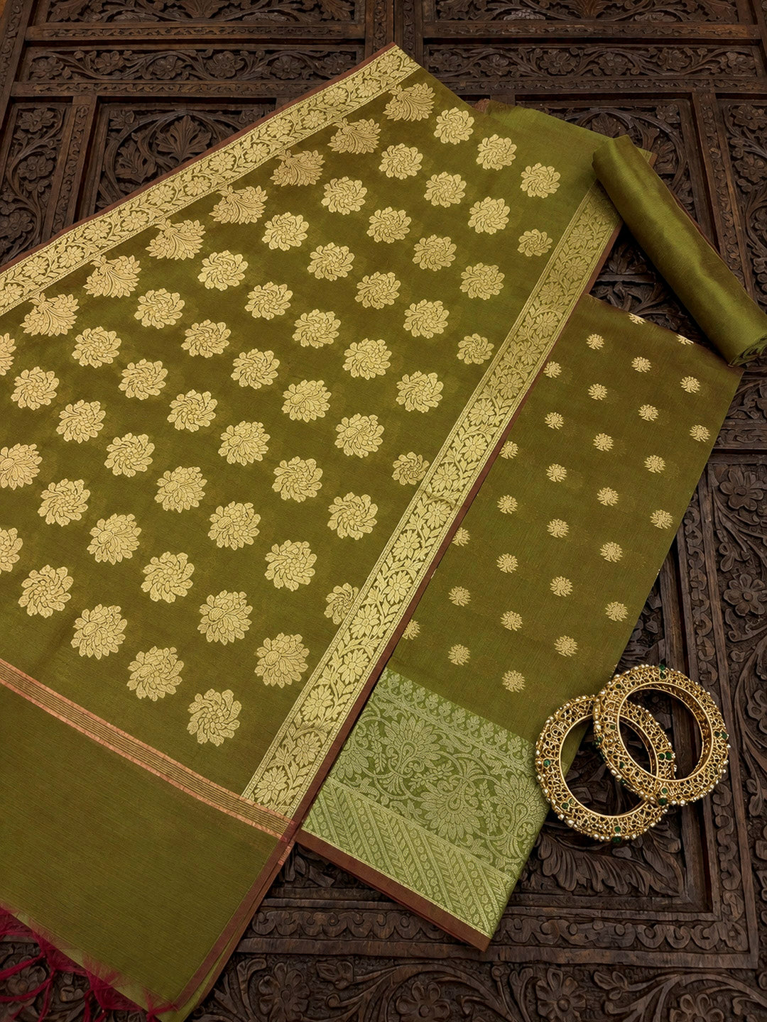 Olive Green Printed Chanderi Unstitched Dress Material