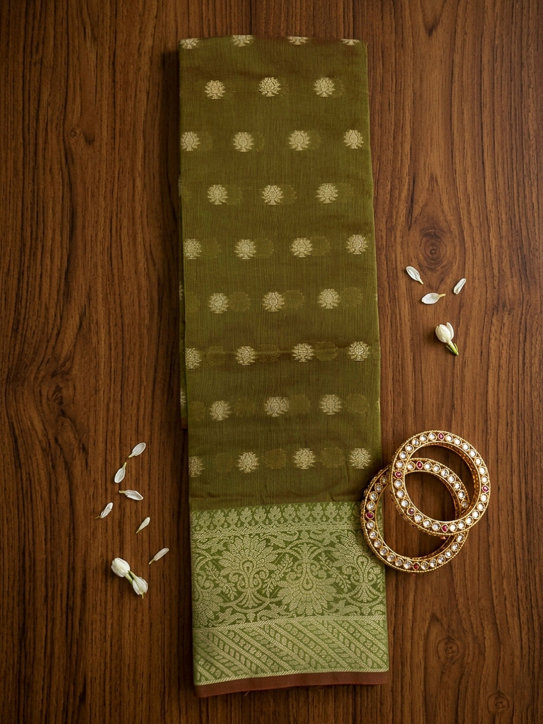 Olive Green Printed Chanderi Unstitched Dress Material