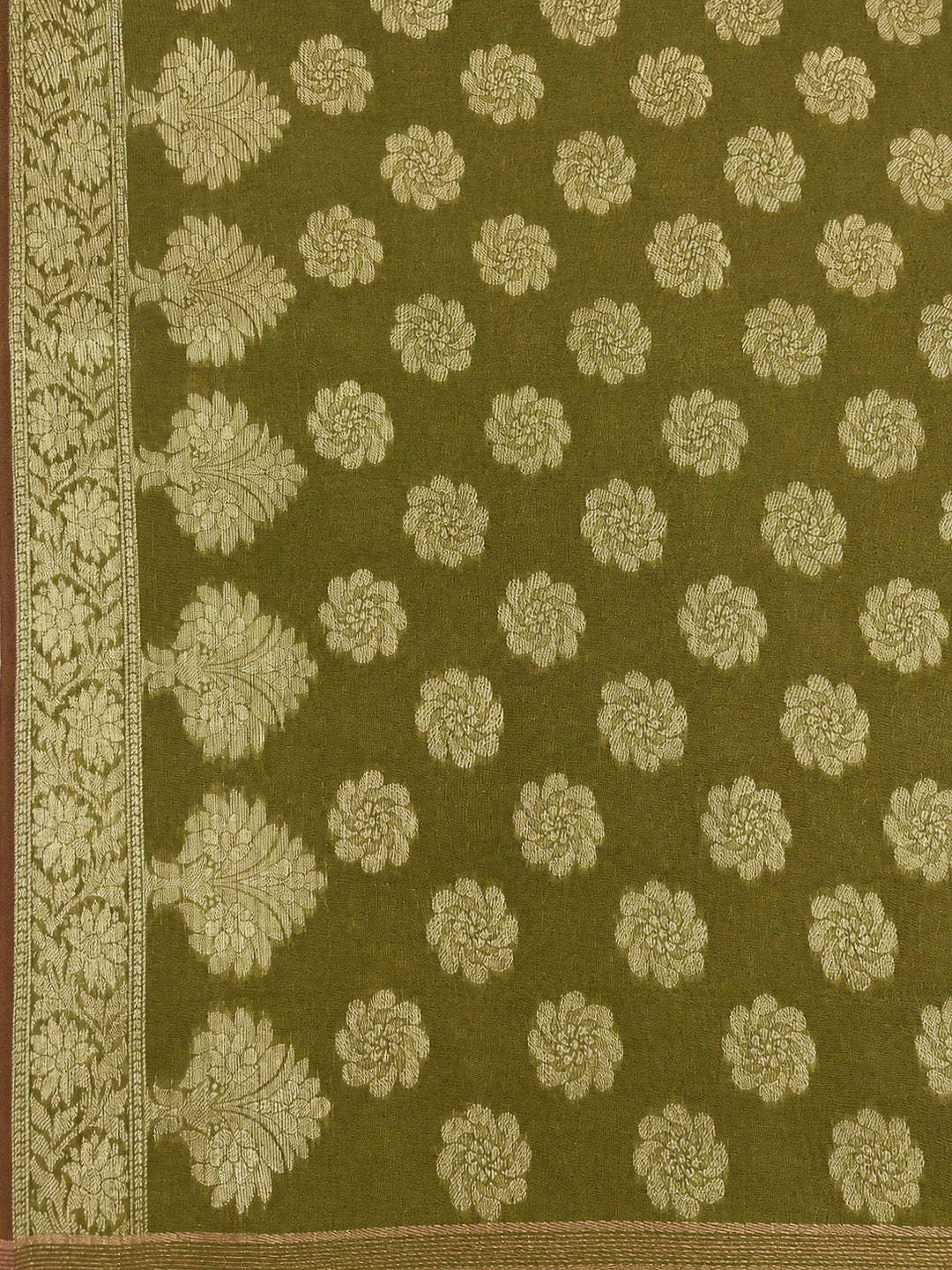 Olive Green Printed Chanderi Unstitched Dress Material