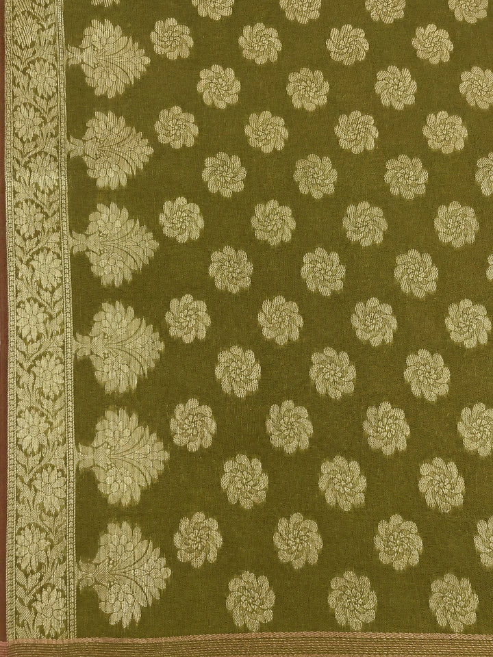 Olive Green Printed Chanderi Unstitched Dress Material