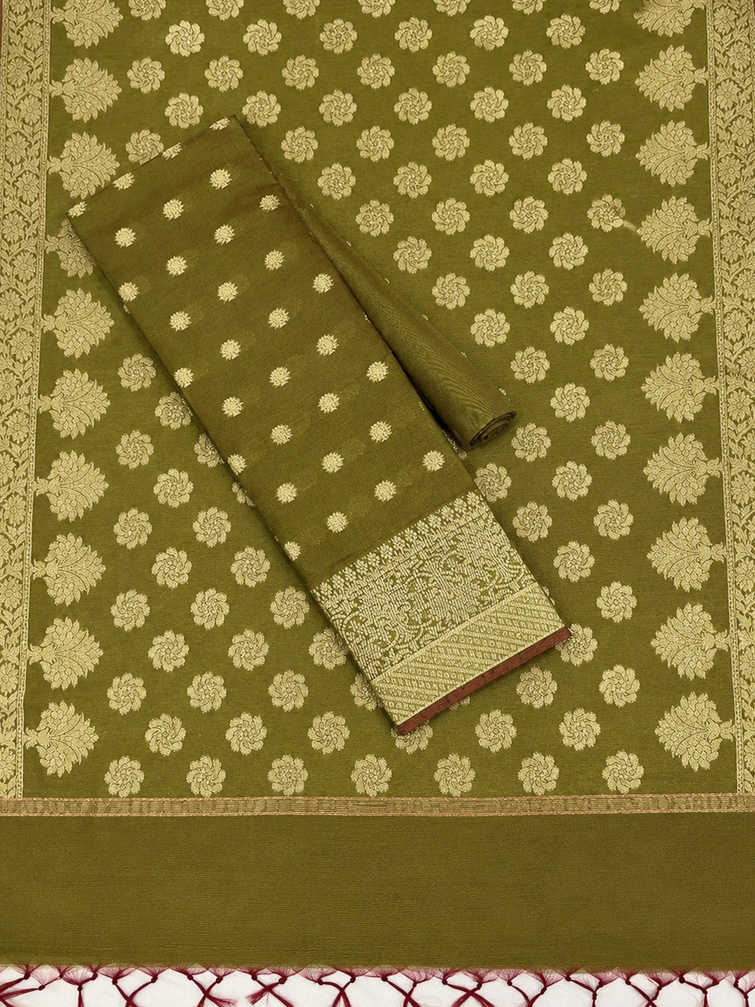 Olive Green Printed Chanderi Unstitched Dress Material