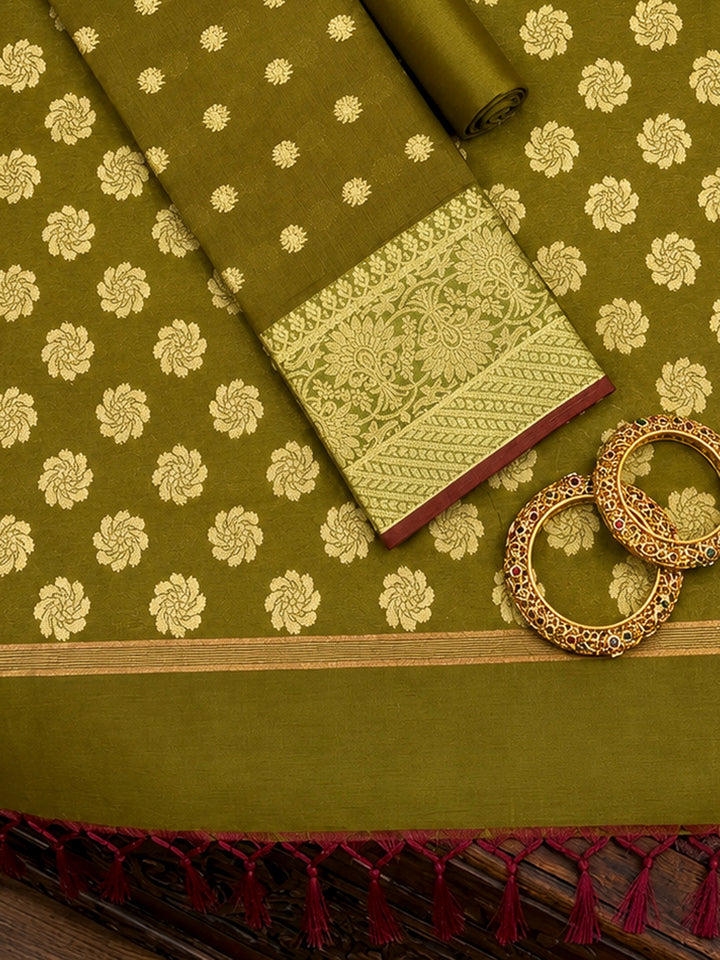 Olive Green Printed Chanderi Unstitched Dress Material