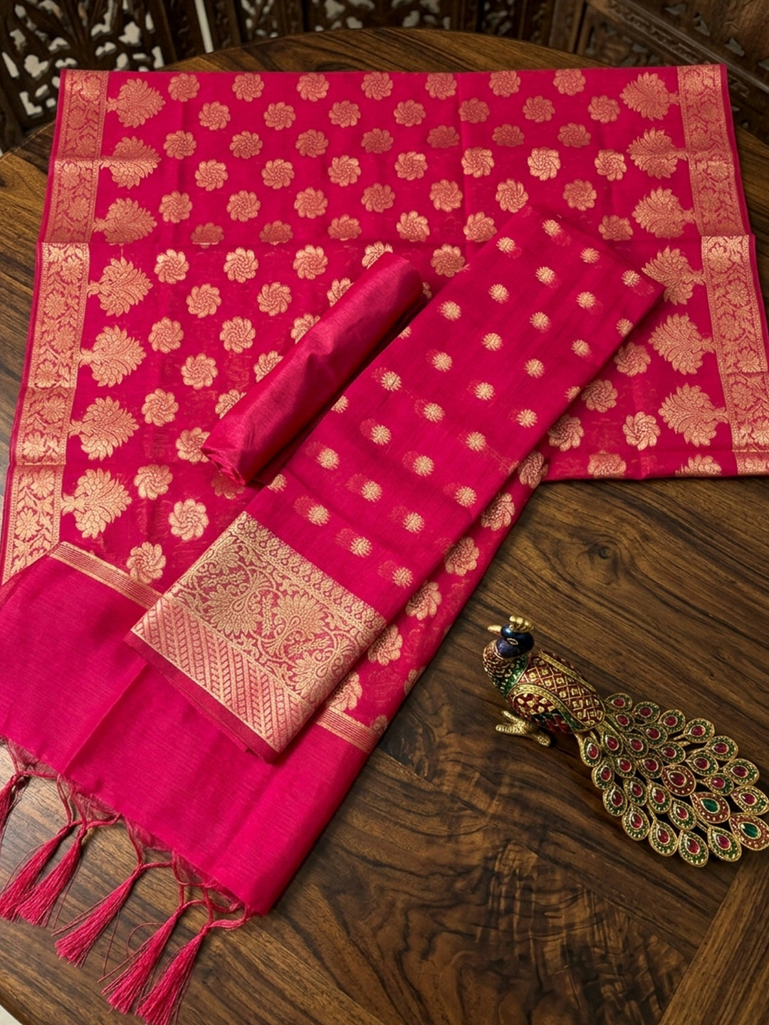 Red Printed Chanderi Unstitched Dress Material