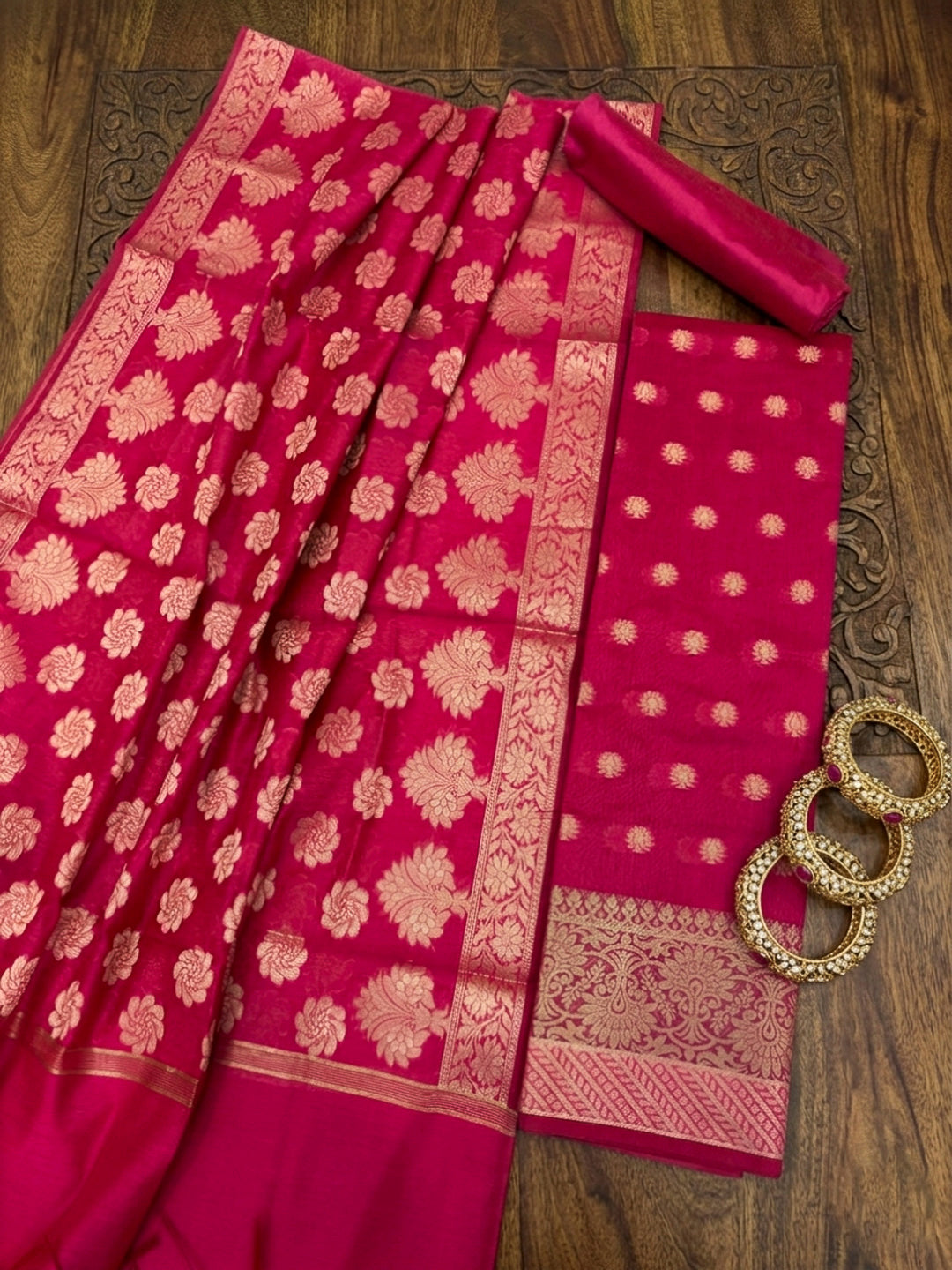 Red Printed Chanderi Unstitched Dress Material
